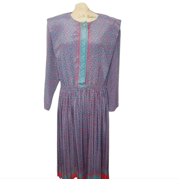 Vintage Dresses & Skirts - Vintage 90s Colorful Paisley Pleated Skirt Shirt Waist dress